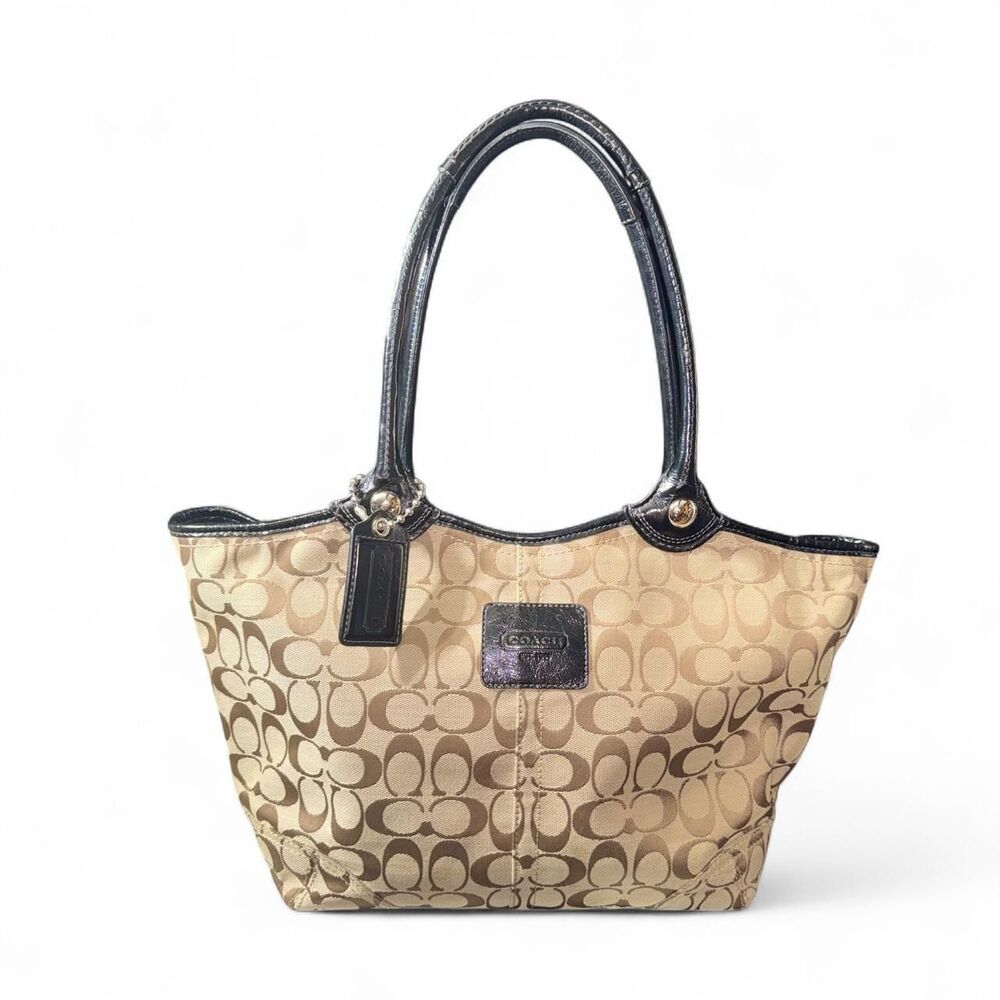 Vintage Coach Signature Bleecker Tote Bag Khaki Tan Canvas Black Leather F14385